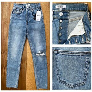 RE/DONE 90s HIGH RISE ANKLE CROP JEANS WOMEN’S sz 24 Button Fly Blue Stretch NWT